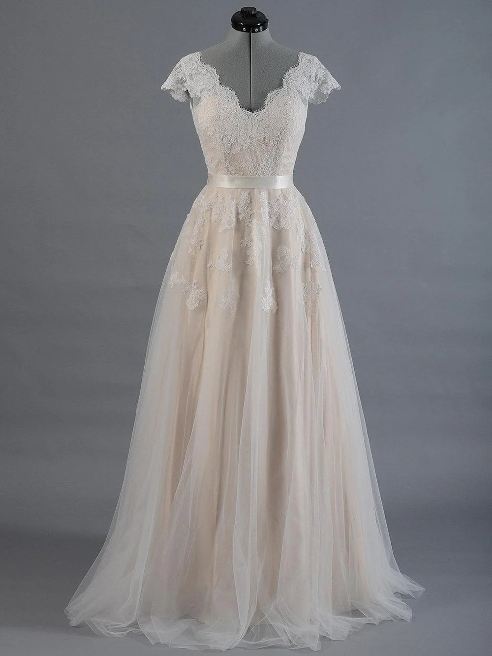 Sleeve V Neck Lace Tulle Wedding Dress