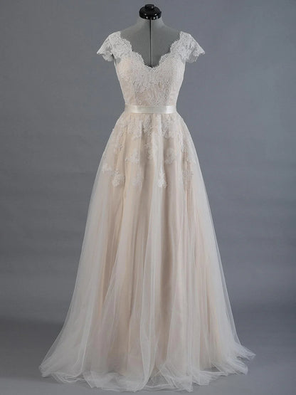 Sleeve V Neck Lace Tulle Wedding Dress