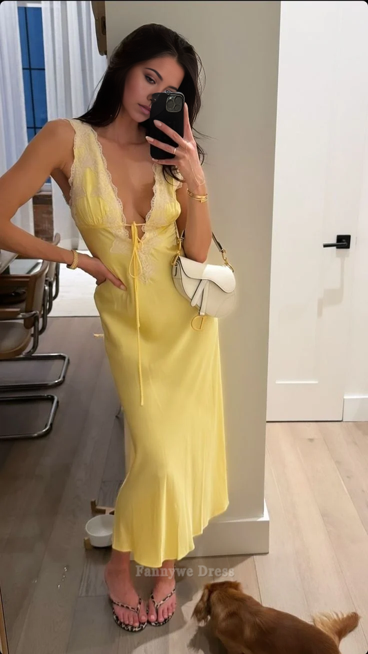 Etuikleid mit V-Ausschnitt, Satin, Spitze, Gelb, lange Abendkleider, Brautjungfernkleider, Abendkleid, Ballkleid 