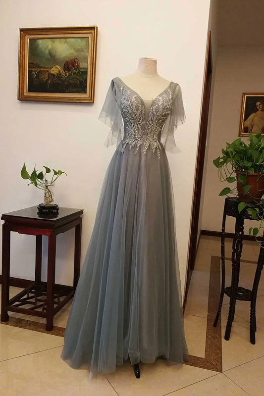 V neck tulle sequin long prom dress