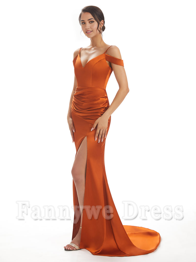 Mermaid Off The Shoulder Satin formal dresses evening gown Bridesmaid Dresses With Side Slit