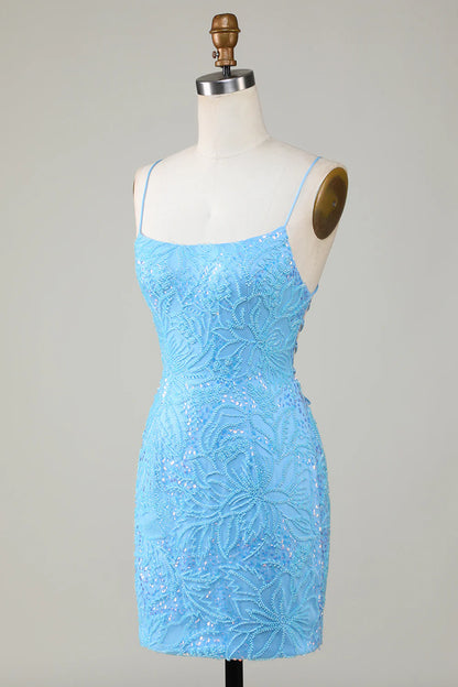 Sparkly Beaded Tight Short Homecoming Dress with Lace Up Back