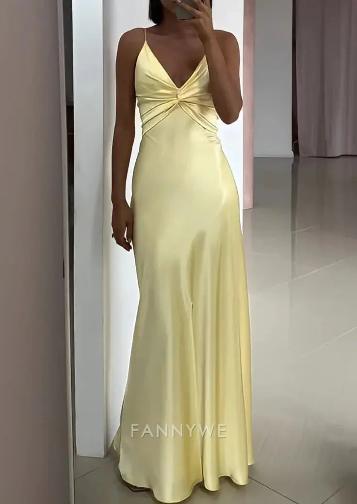 Mermaid V-neck Spaghetti Straps Elegant Long Satin Back lace-up Yellow formal dresses Bridesmaid Dresses evening gown Prom Dress