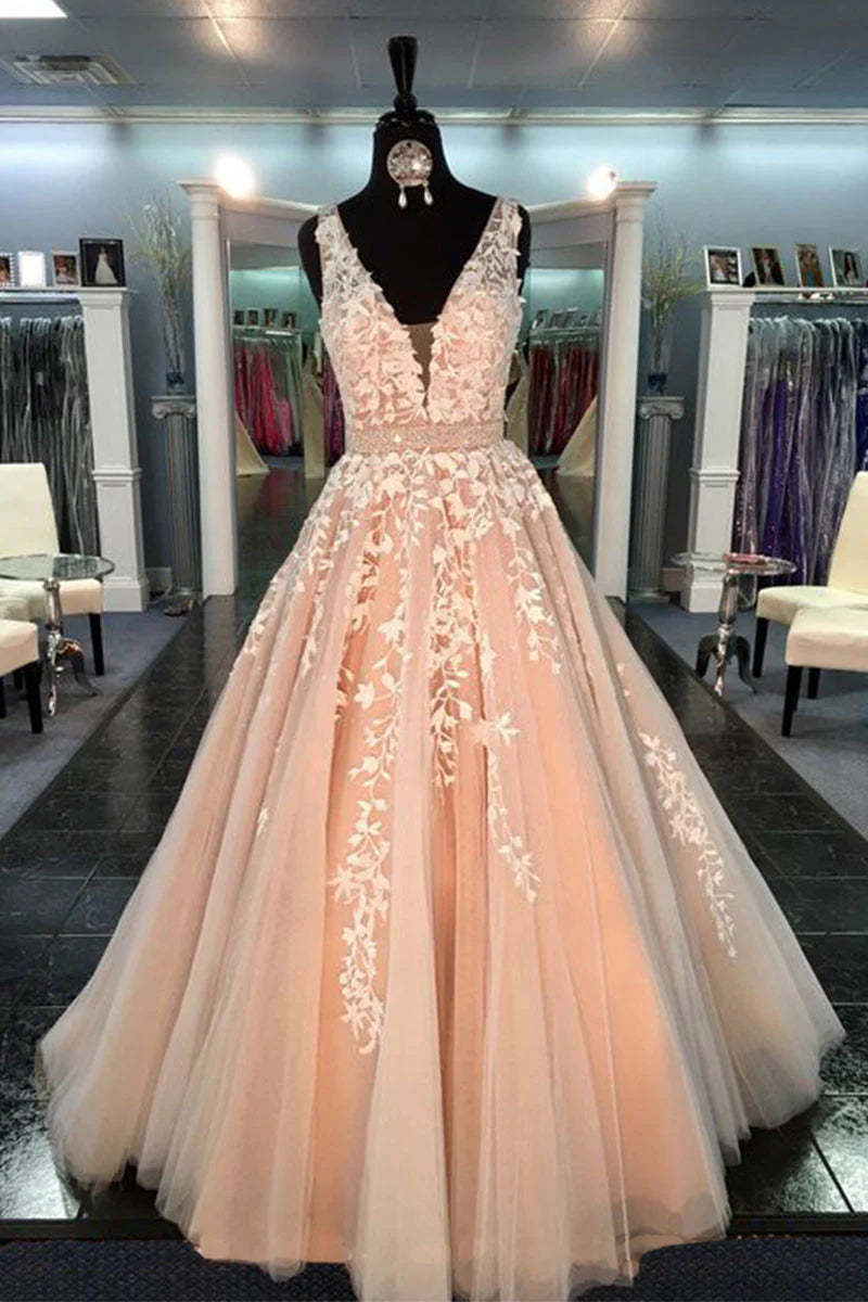 Vestido de fiesta largo de tul con cuello en V y encaje