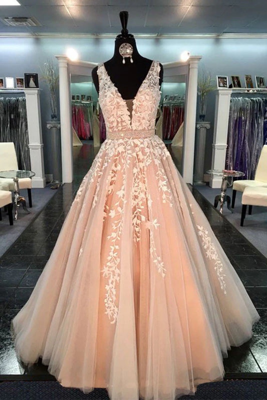 v neck tulle lace long prom dress