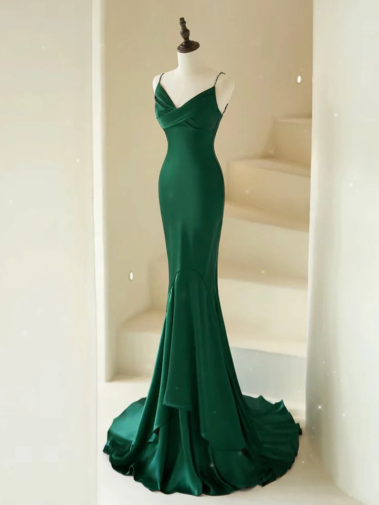 Vestido de fiesta largo de satén con escote en V y corte sirena