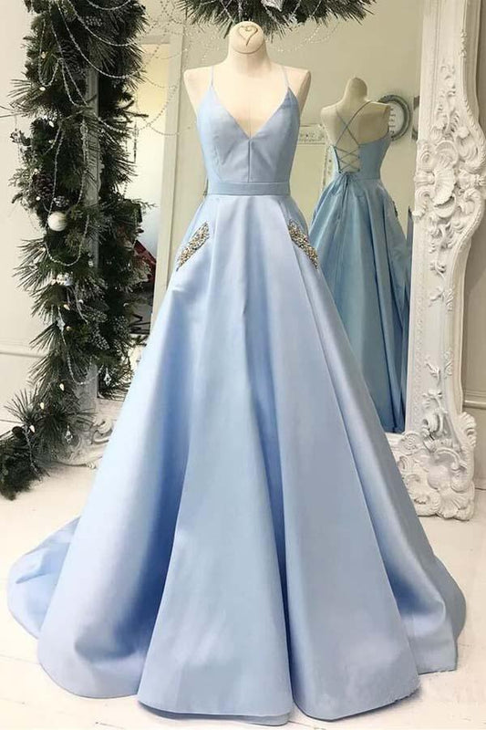 Simple V Neck Satin Long Prom Dresses
