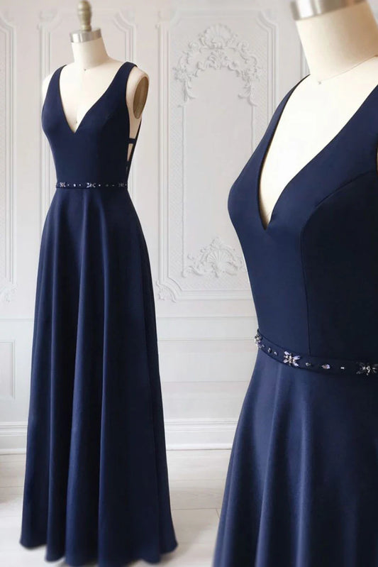 Simple v neck long prom dress
