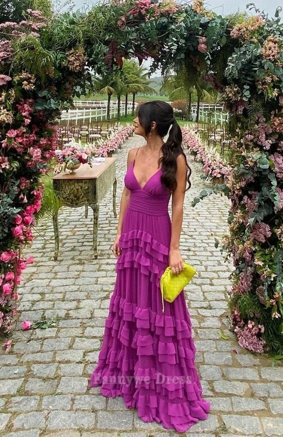 A-line V-Neck Spaghetti Straps Tiered Purple formal dresses Bridesmaid Dresses evening gown Prom Dress