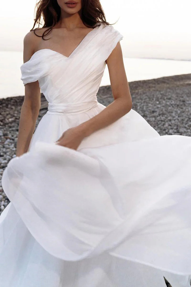 A Line One Shoulder Organza Pleats Hall Wedding Dress