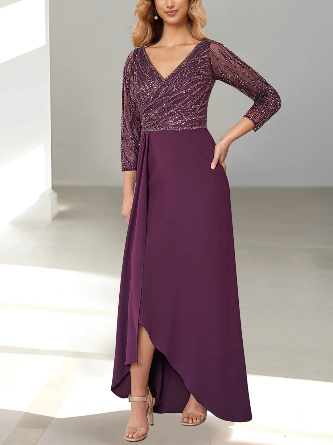 A-Line V Neck Long Sleeve Mother Of The Bride Dresses