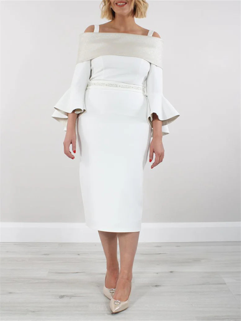 Sheath 3/4 Length Sleeves Off The-Shoulder Tea Length Mother Of The Bride Dresses