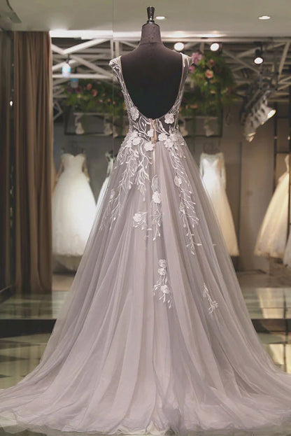 Tulle lace applique long prom dress