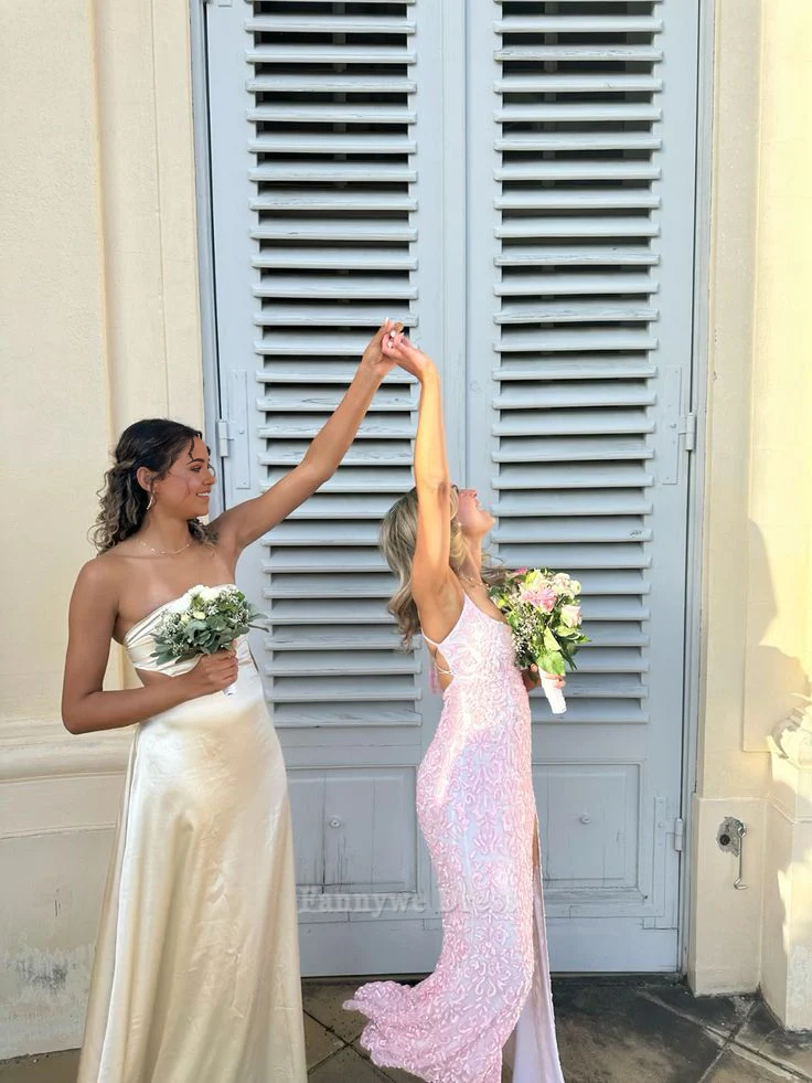 Sheath Spaghetti Straps Sequins Pink Straps Long formal dresses Bridesmaid Dresses evening gown Prom Dress