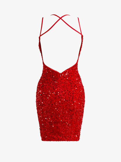 Glitter Sequin Spaghetti Straps Lace Up Tight Homecoming Dress