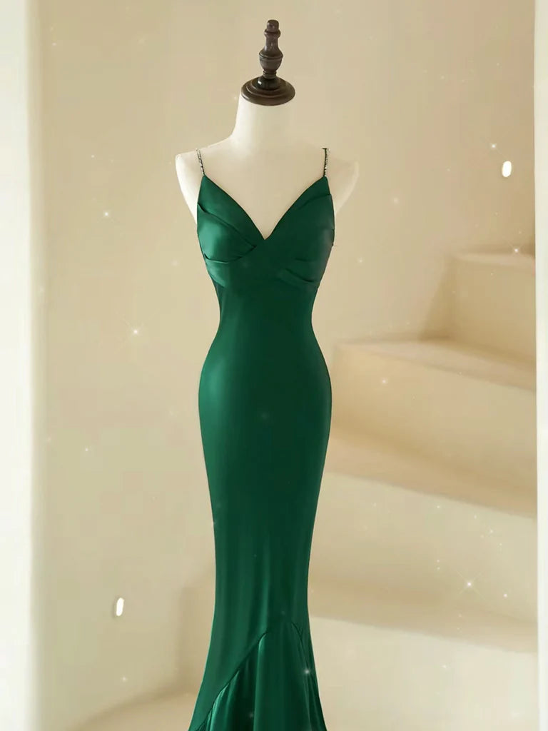 Vestido de fiesta largo de satén con escote en V y corte sirena