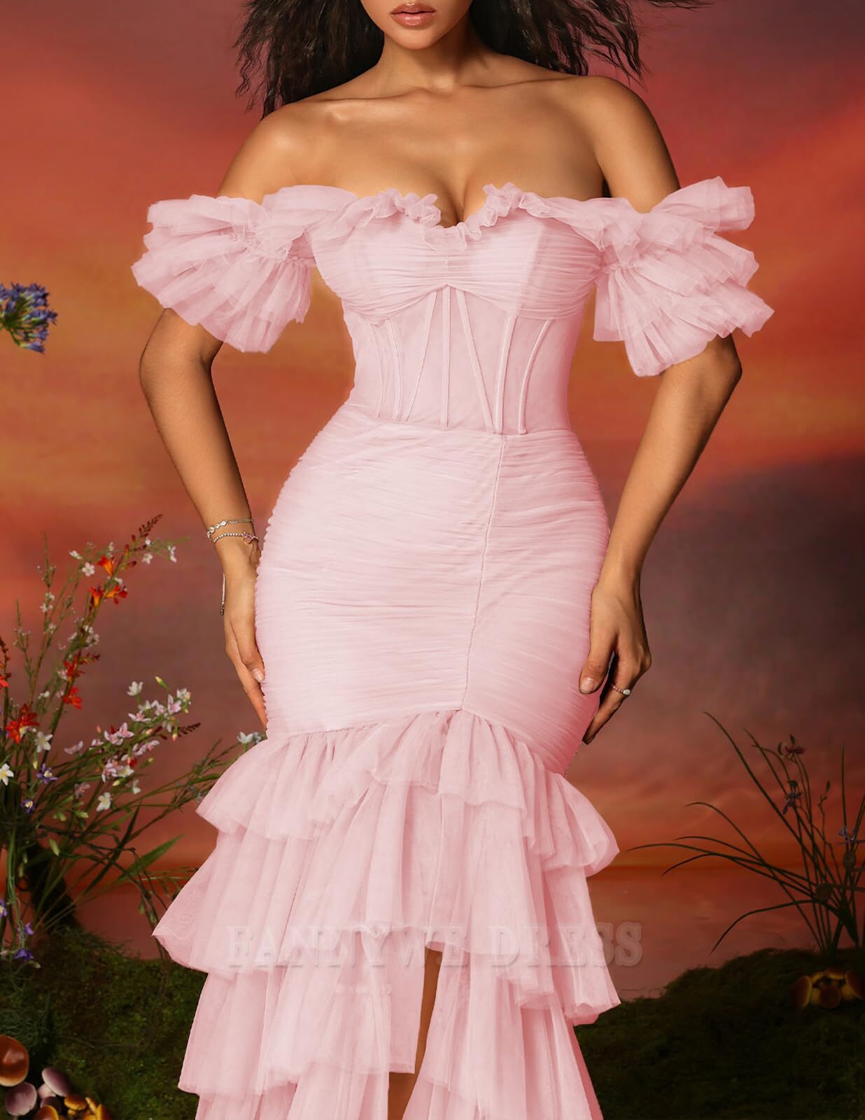 Sheath Off The Shoulder Tulle Tiered High Split Bodycon formal dresses Bridesmaid Dresses evening gown Prom Dress