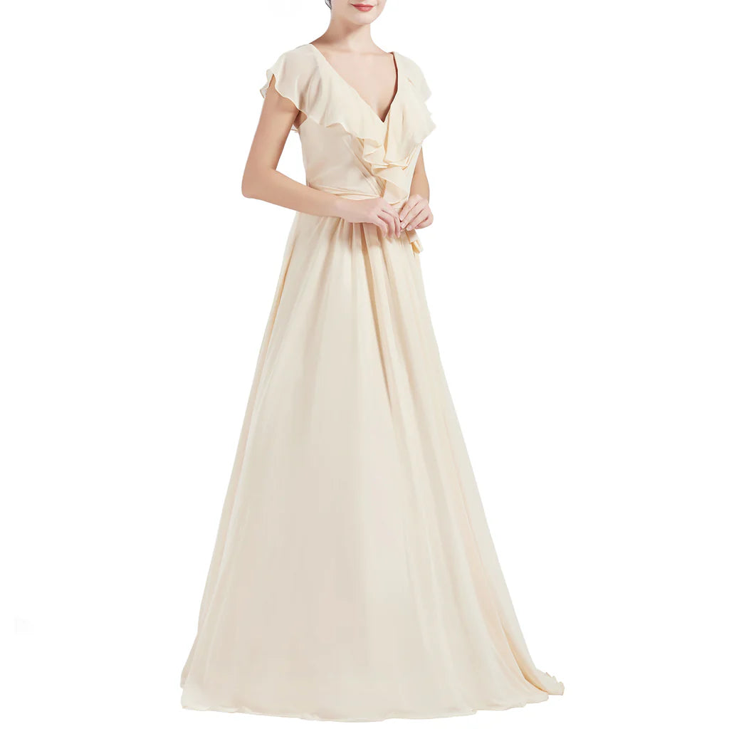 V Neck Ruffle Cap Sleeves Long Bridesmaid Dresses