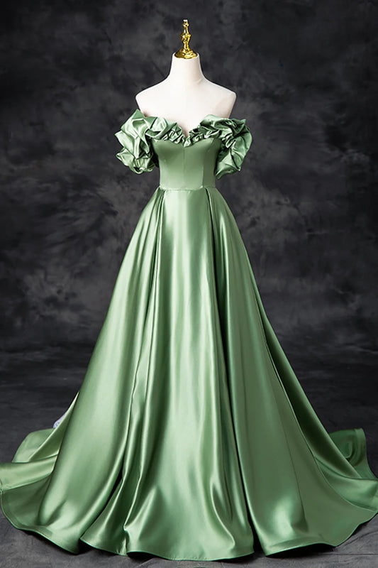 Vestido de noche largo de satén formal con hombros descubiertos y corte A