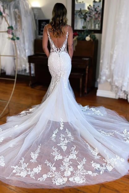 Mermaid V-Neck Long Lace Wedding Dress