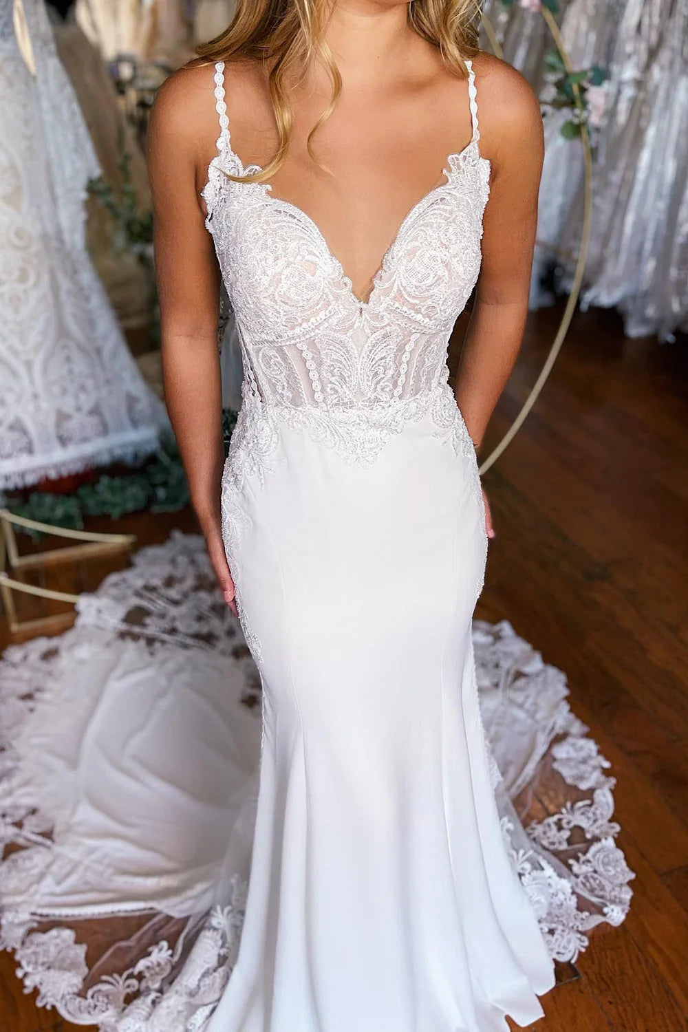 Boho Mermaid Spaghetti Straps Lace Long Wedding Dress