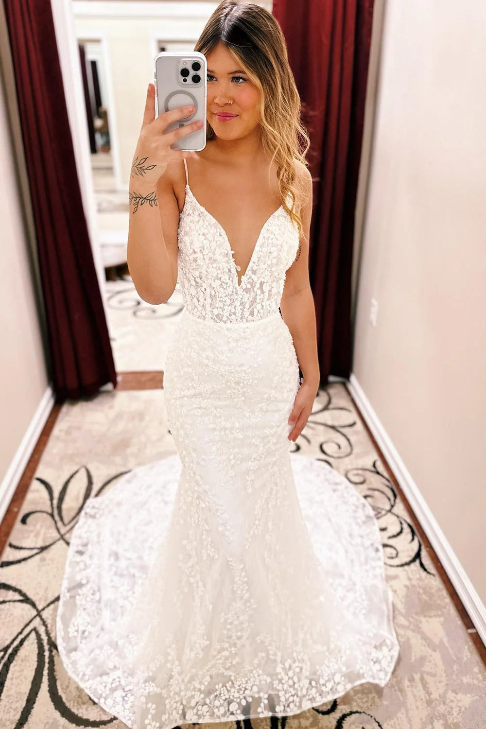 Mermaid Spaghetti Straps Lace Train Wedding Dress
