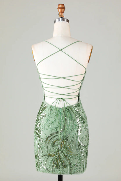 Sparkly Sheath Spaghetti Straps Short Homecoming Dress with Criss Cross Back