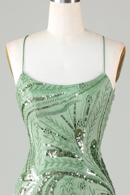 Sparkly Sheath Spaghetti Straps Short Homecoming Dress with Criss Cross Back
