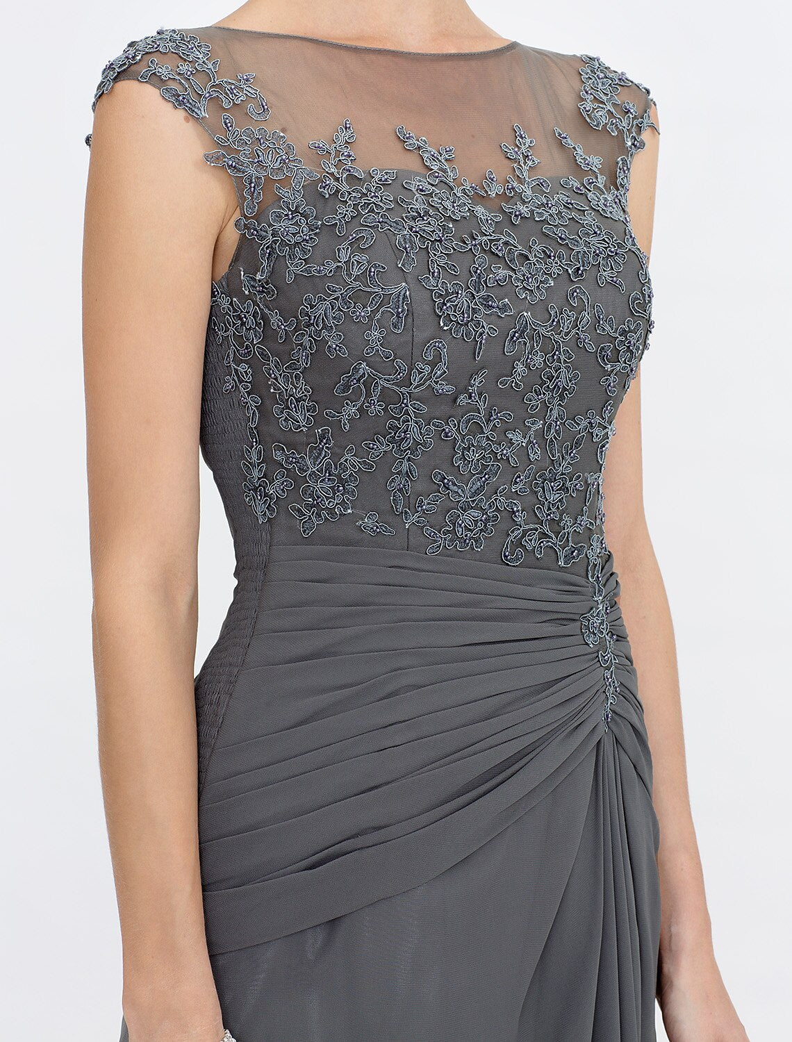 Vestido elegante de madre de la novia de corte A, transparente, cuello barco, largo hasta el suelo, de gasa, con encaje, sin mangas y drapeado lateral.