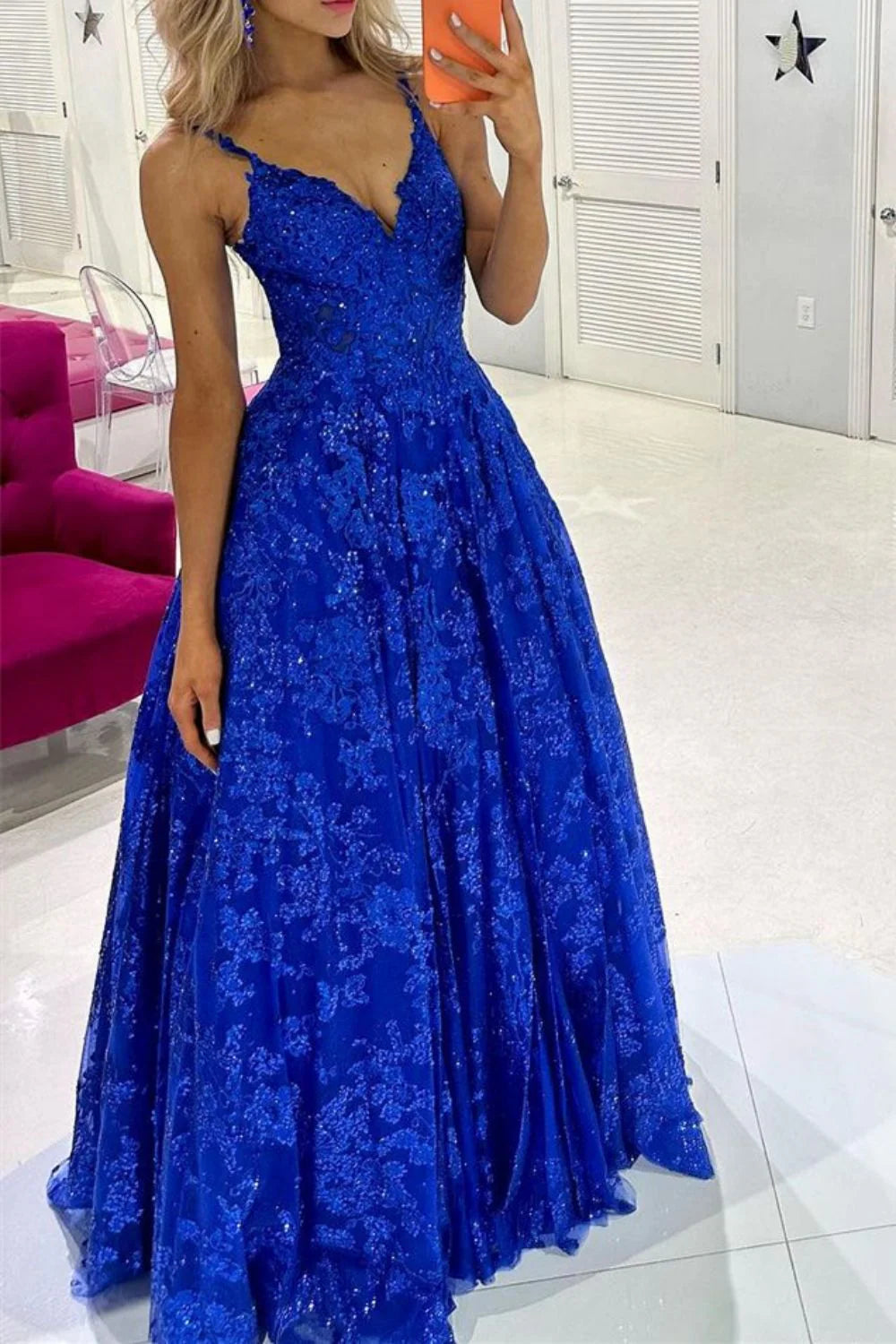 A Line Spaghetti Straps Long Prom Dress with Appliques