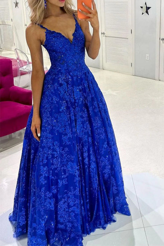 A Line Spaghetti Straps Long Prom Dress with Appliques