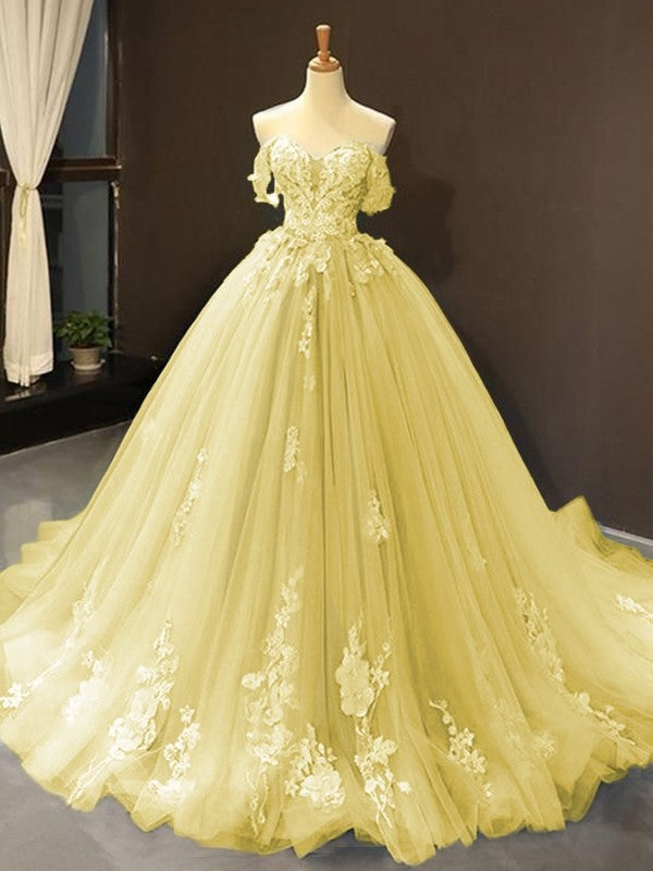 Ball Gown Tulle Off-the-Shoulder Sleeveless Applique Sweep/Brush Train Dresses