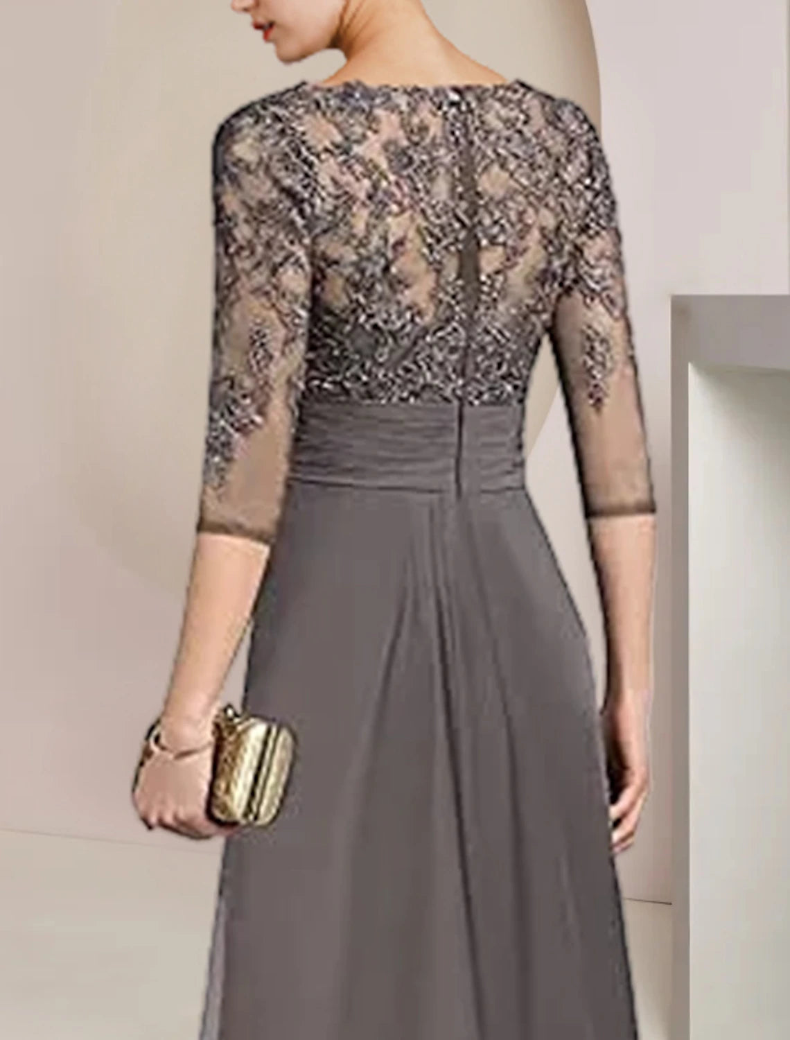 Vestido de dos piezas de corte A para madre de la novia, elegante, formal, para invitada de boda, escote en V alto y bajo, asimétrico, largo hasta la rodilla, de gasa, con encaje, mangas 3/4, cruzado incluido, con apliques fruncidos.