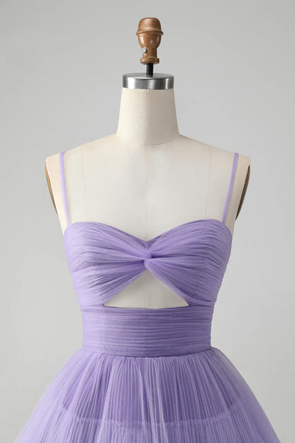 A Line Cute Purple Spaghetti Straps Tulle Tiered Short Homecoming Dress