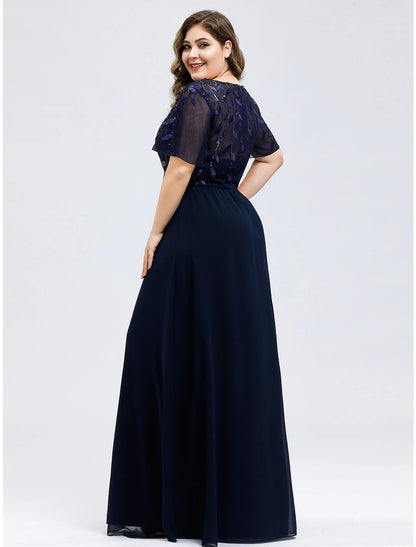 A-Line Empire Party Wear Prom Dress V Neck Short Sleeve Floor Length Tulle with Sequin Appliques