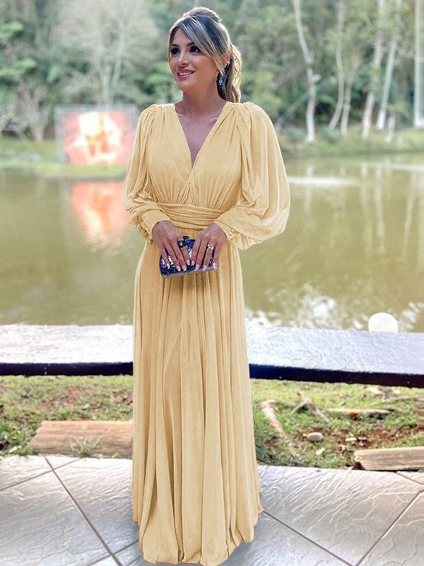 A-Line/Princess Chiffon Ruffles V-neck Long Sleeves Floor-Length Mother of the Bride Dresses