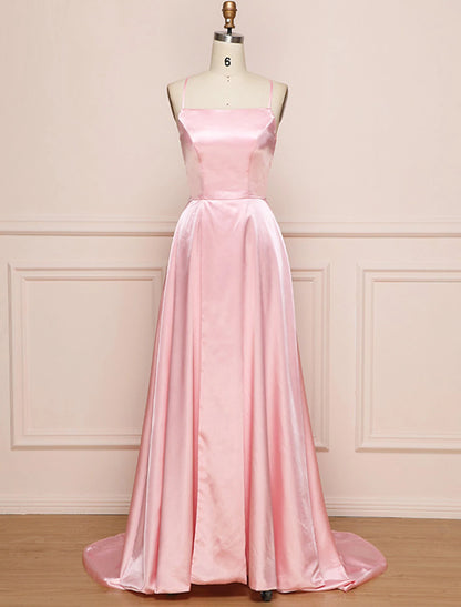A-Linie Ballkleider Minimalistisches Kleid Partykleidung Sweep/Pinselzug Ärmellos Spaghettiträger Satin mit Falten Schlitz