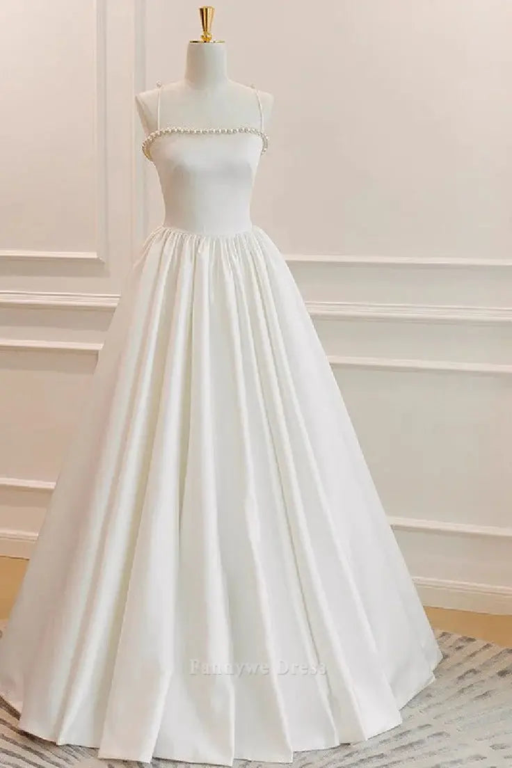 A Line Elegant Spaghetti Straps White formal dresses evening gown Prom Dress Wedding Dress