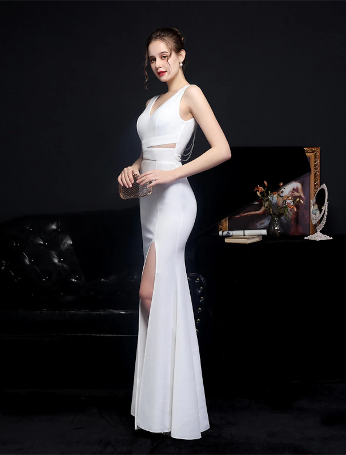 Mermaid / Trumpet Prom Dresses Elegant Dress Formal Floor Length Sleeveless V Neck Polyester with Slit
