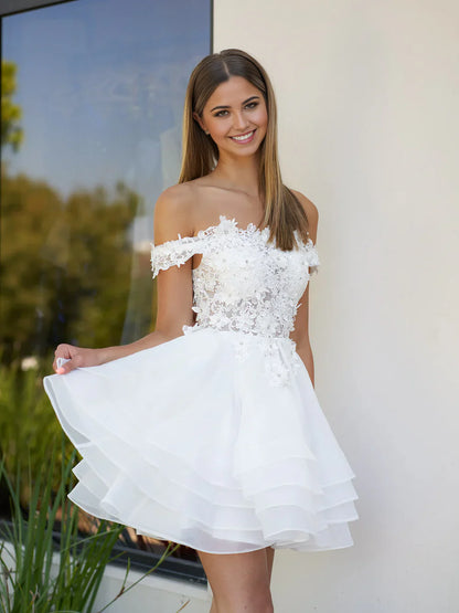 A-Line Lace Organza Appliqued Off-the Shoulder Wedding Dresses