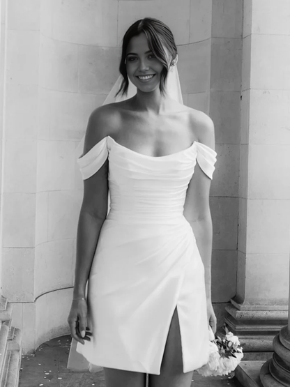 Simple Off-the-Shoulder Short Satin Cowl Neck Formal Wedding Dress With Slit