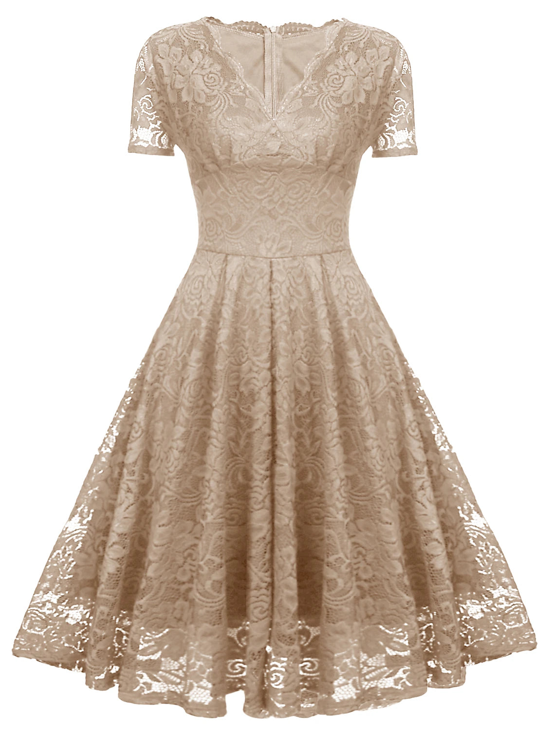 Vestidos de cóctel de corte A, minimalistas, para fiestas, hasta la rodilla, manga corta, escote en V, licra, con aplicación de encaje.