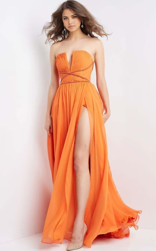 A Line V Neck Sleeveless Chiffon Ruched Princess formal dresses evening gown Prom Dress with Slit
