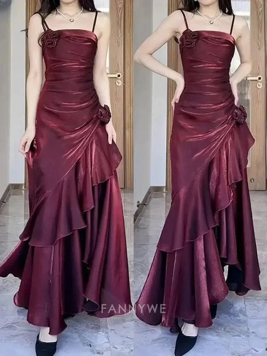 A-Linie Spaghettiträger Chiffon Burgund Lange Abendkleider Brautjungfernkleider Abendkleid Ballkleid 
