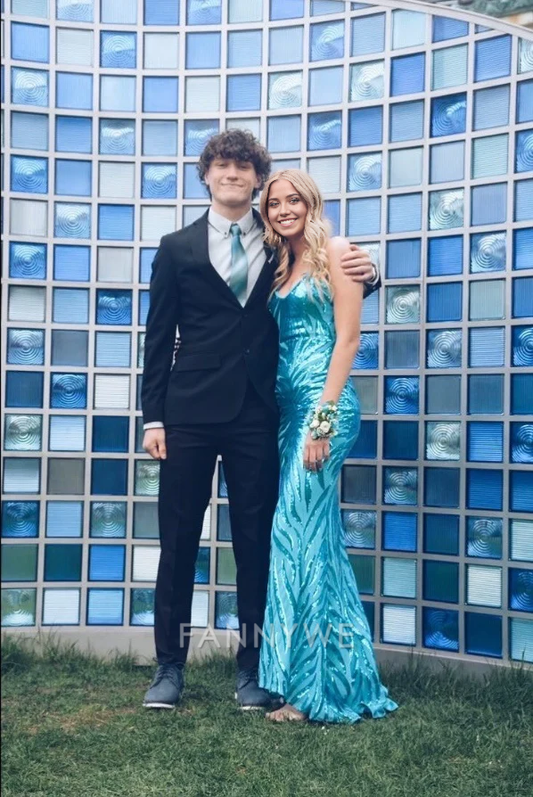 Meerjungfrau Pailletten Träger Blau Lange Abendkleider Brautjungfernkleider Abendkleid Ballkleid 
