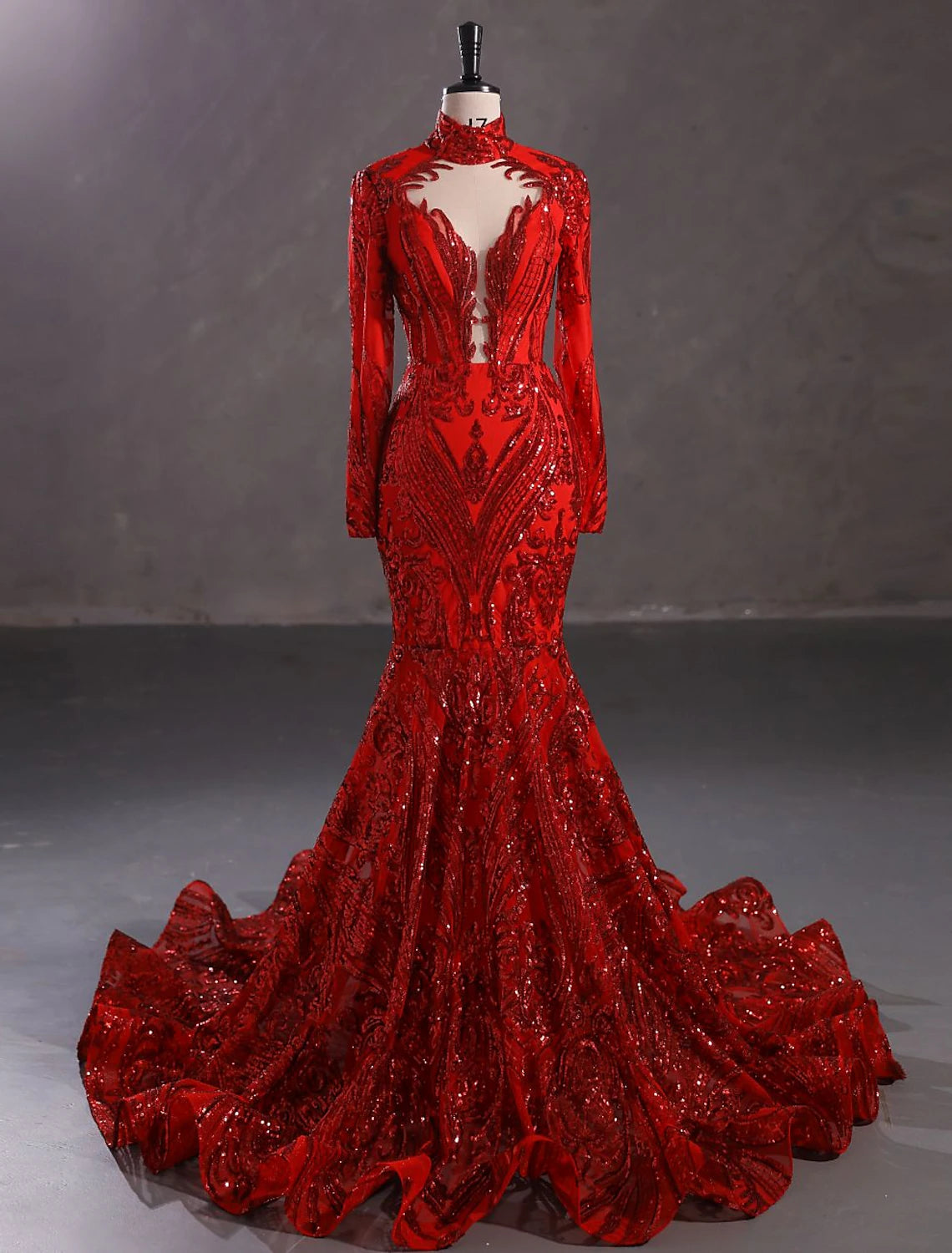 Mermaid / Trumpet Evening Gown Elegant Dress Engagement Court Train Long Sleeve Stand Collar Lace with Sequin