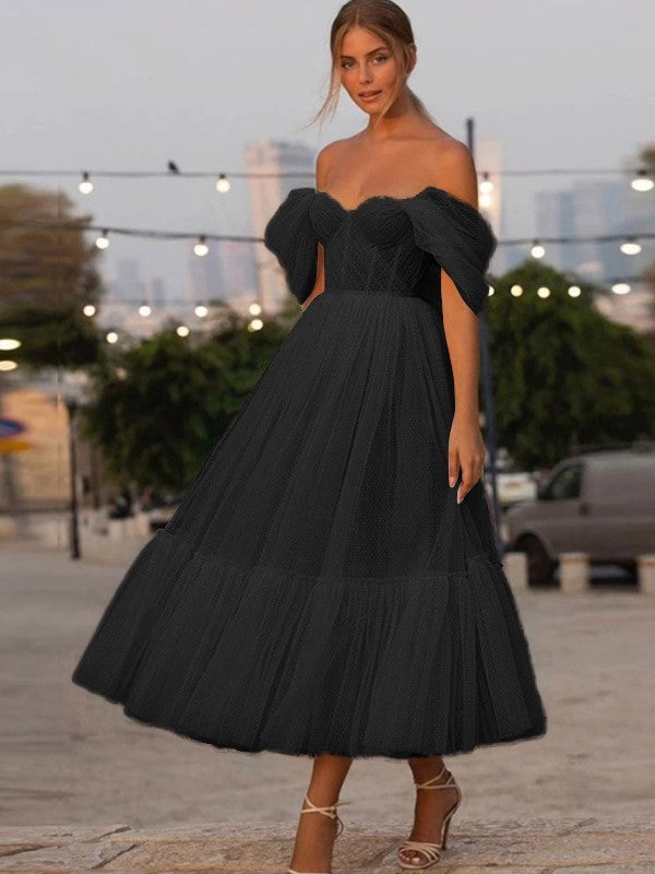 A-Line/Princess Tulle Ruffles Off-the-Shoulder Sleeveless Tea-Length Homecoming Dresses