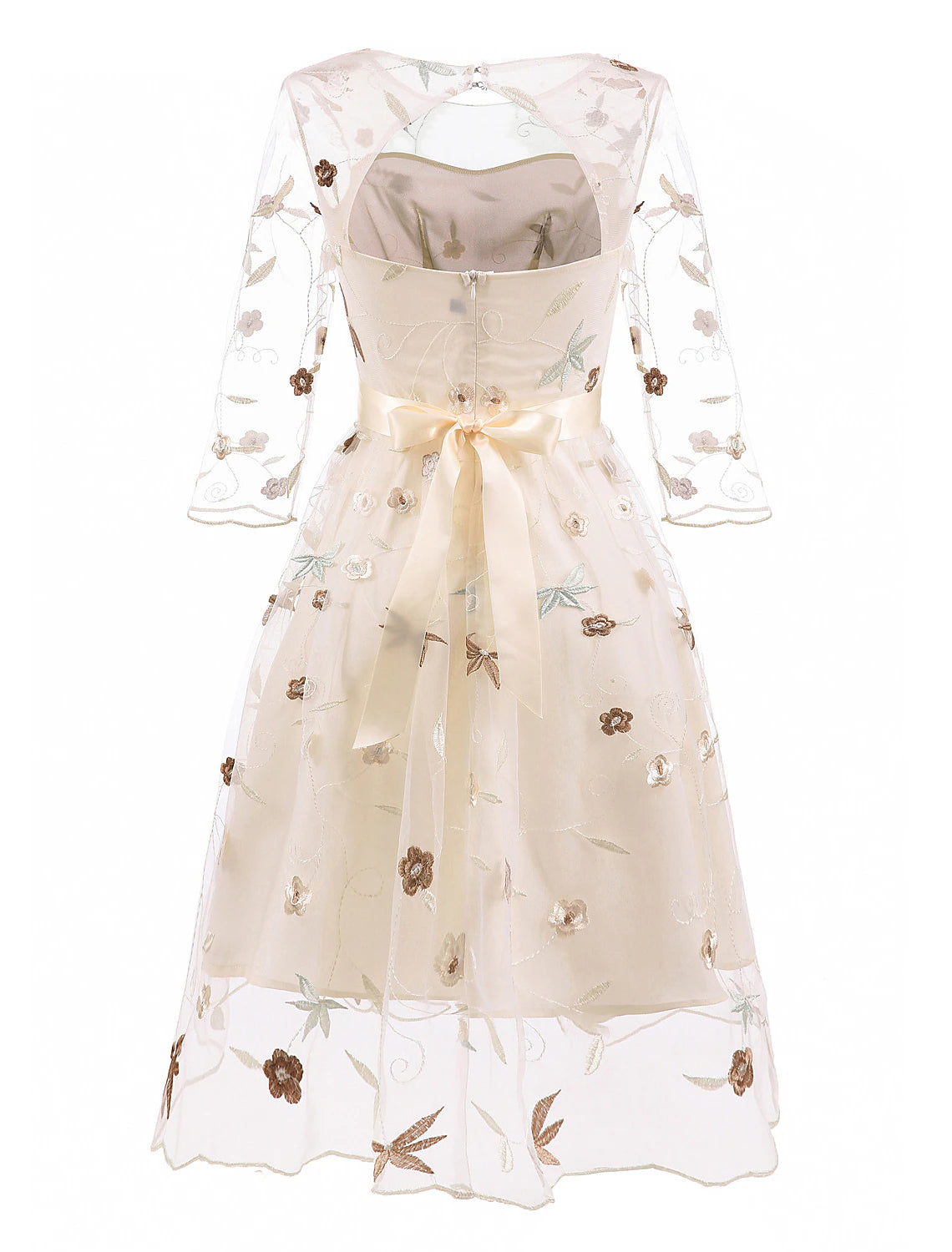 Vestido de cóctel de corte A, floral, para regreso a casa, largo hasta la rodilla, media manga, cuello joya, tul con apliques bordados