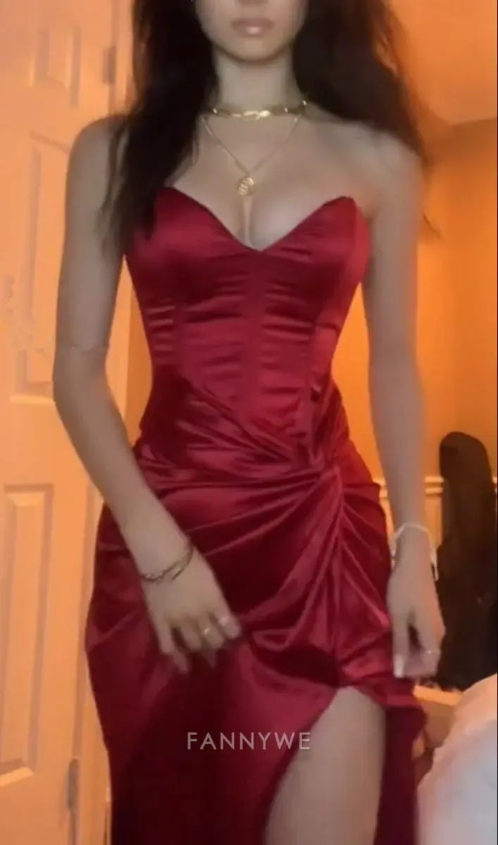 Sheath Strapless Sexy Red Long formal dresses Bridesmaid Dresses evening gown Prom Dress With Split