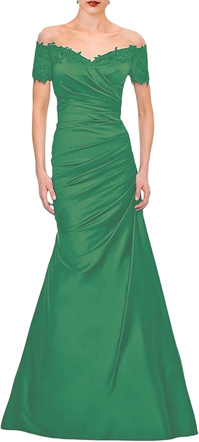 Mermaid Elegant Vintage Off-the-shoulder V-neck Satin Lace Ruffles Mother of the Bride Wedding Guest Dress